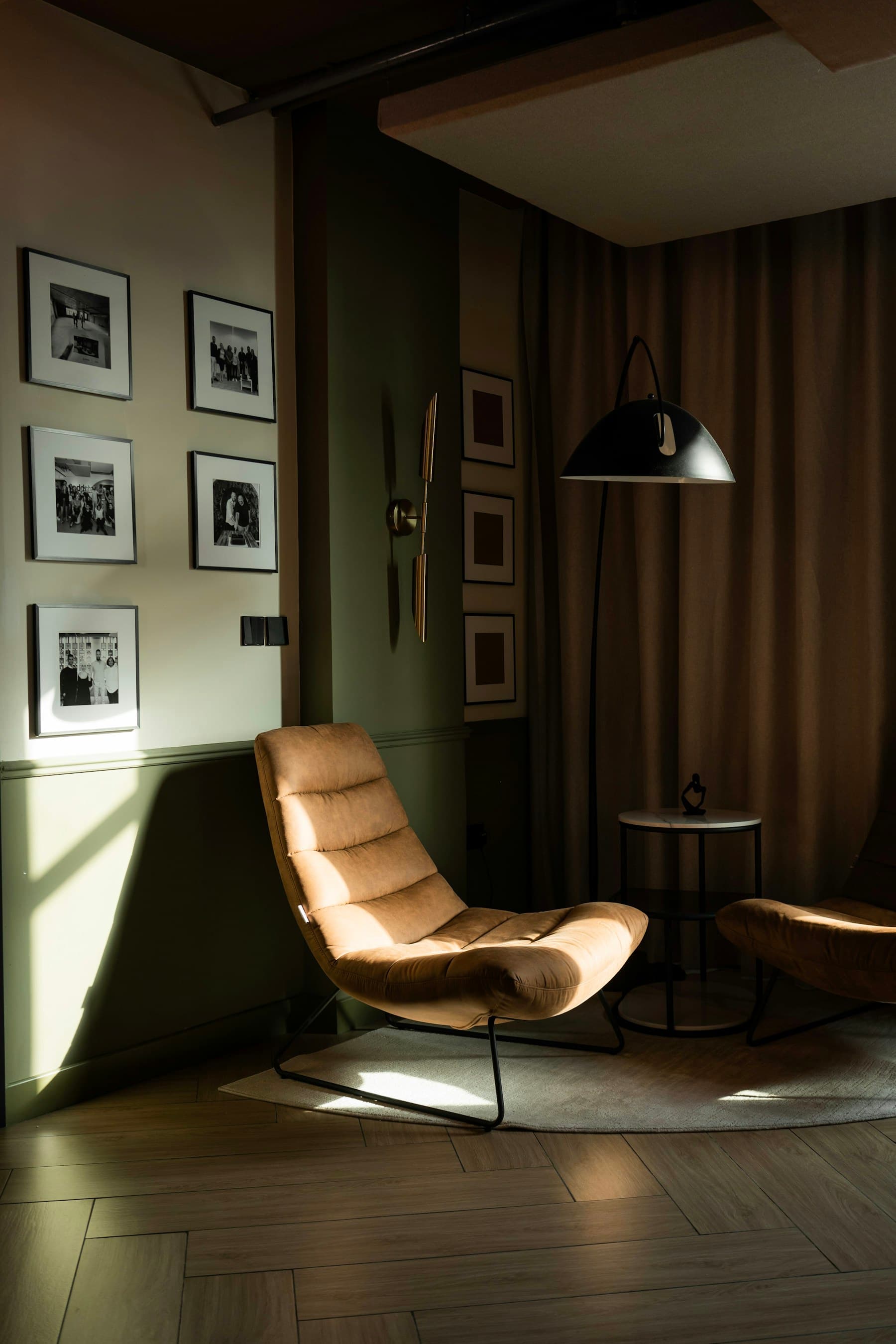 A softly lit living room corner with a lounge chair